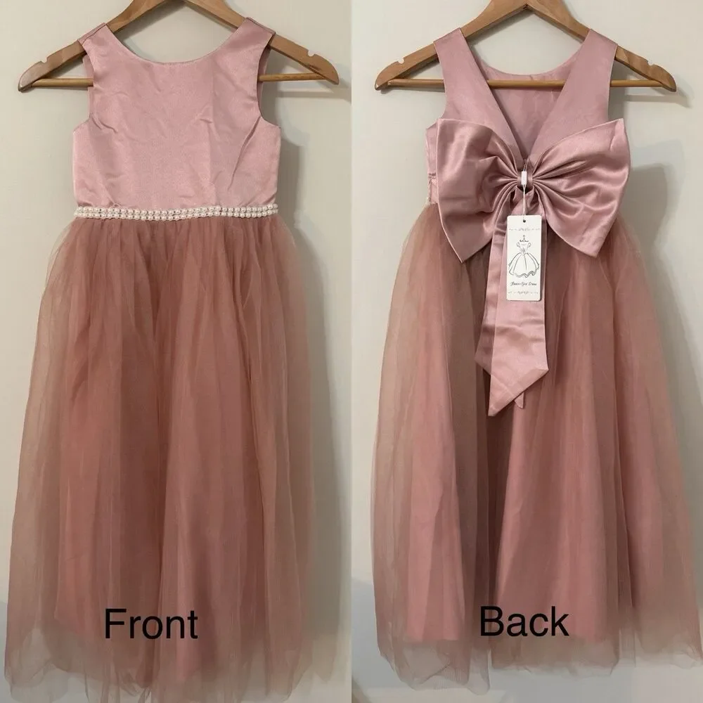 Girls Size 6 Formal Dress -Sleeveless Pink Silk & Tulle Dress w/ Bow On Back NWT
